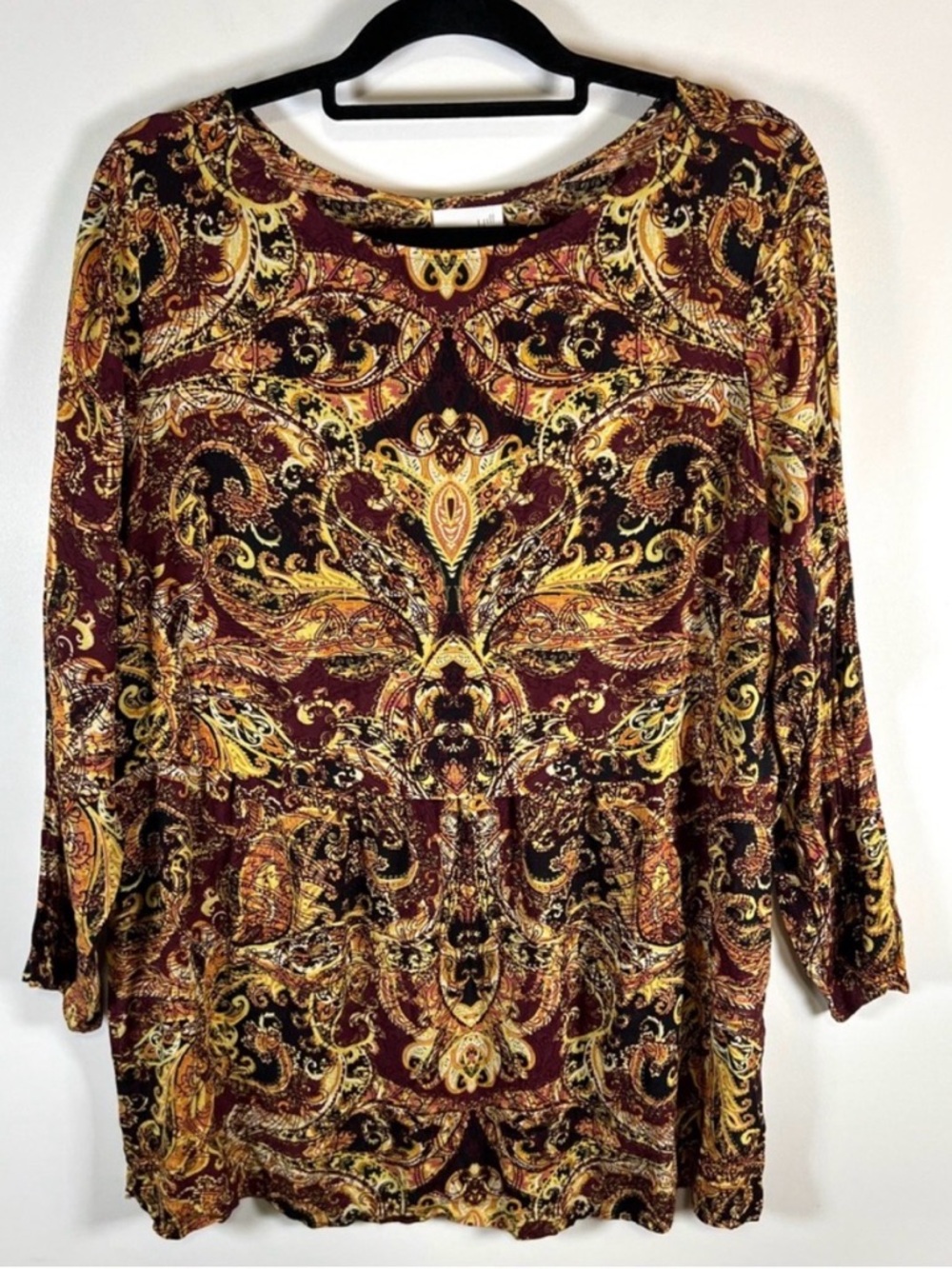 J Jill Paisley‎ Print Long Sleeve Tunic Top Burgundy Gold Black Women L